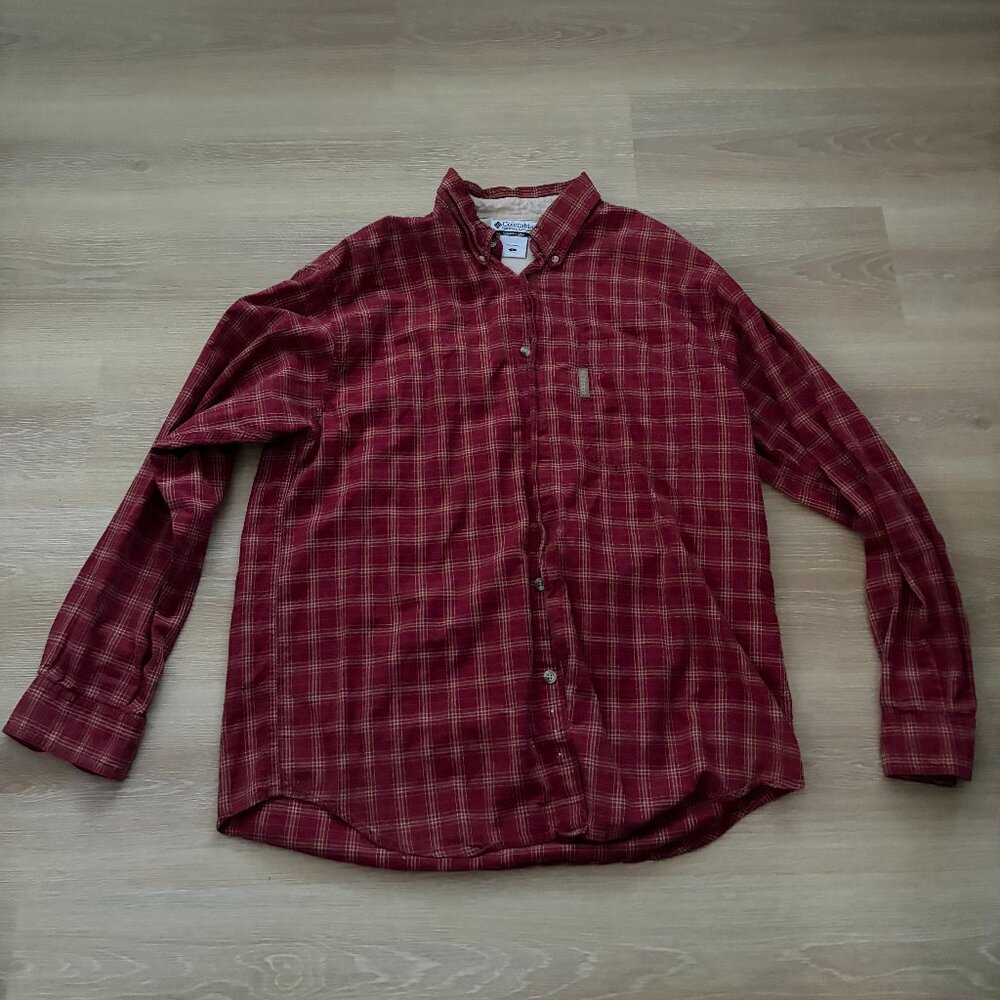 Men's Red Columbia Plaid Button Down Long Sleeve Shirt Size Large